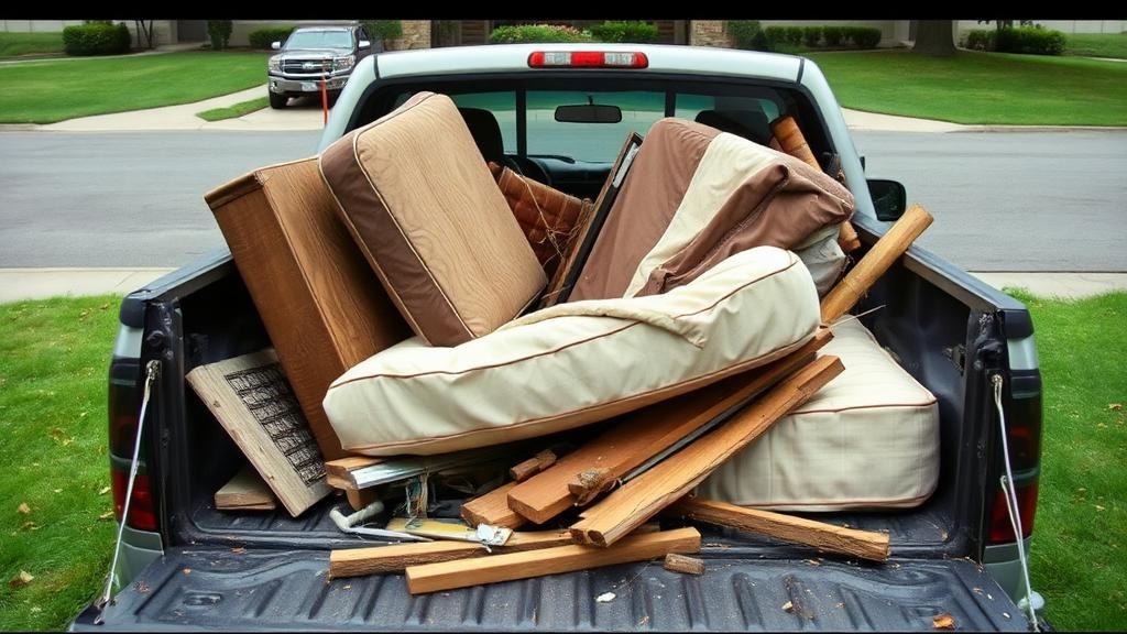 Pickup truck loaded with old furniture and debris after a junk removal job